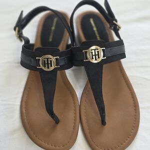 Tommy Hilfiger Black and Tan Logo T-Strap Sandals